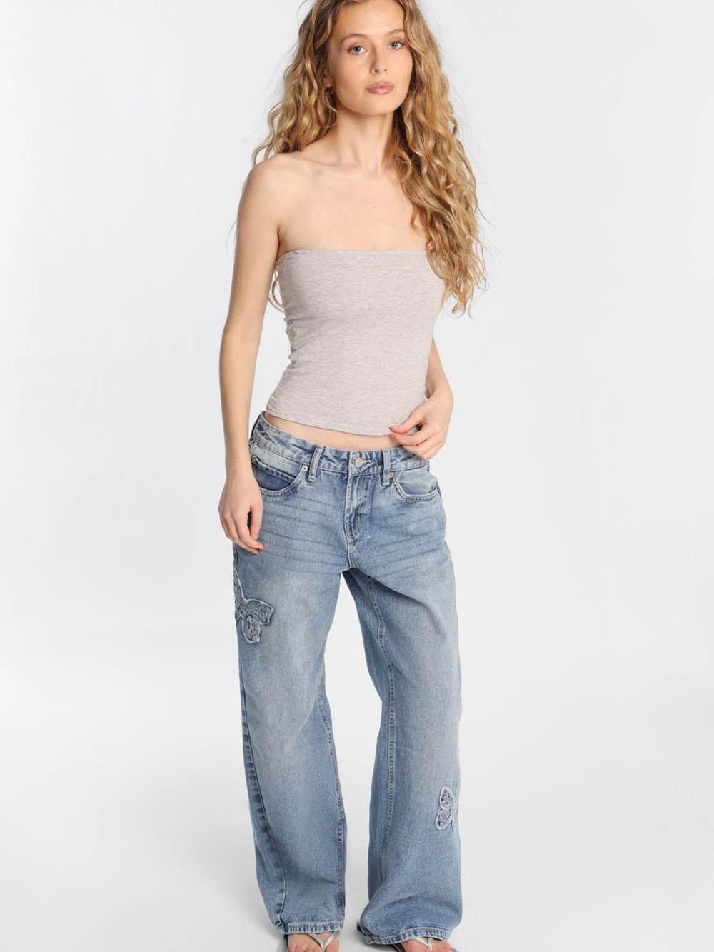 Aeropostale Light Blue Wide Leg Denim Jeans with Butterfly Appliqué - Picture 6 of 9